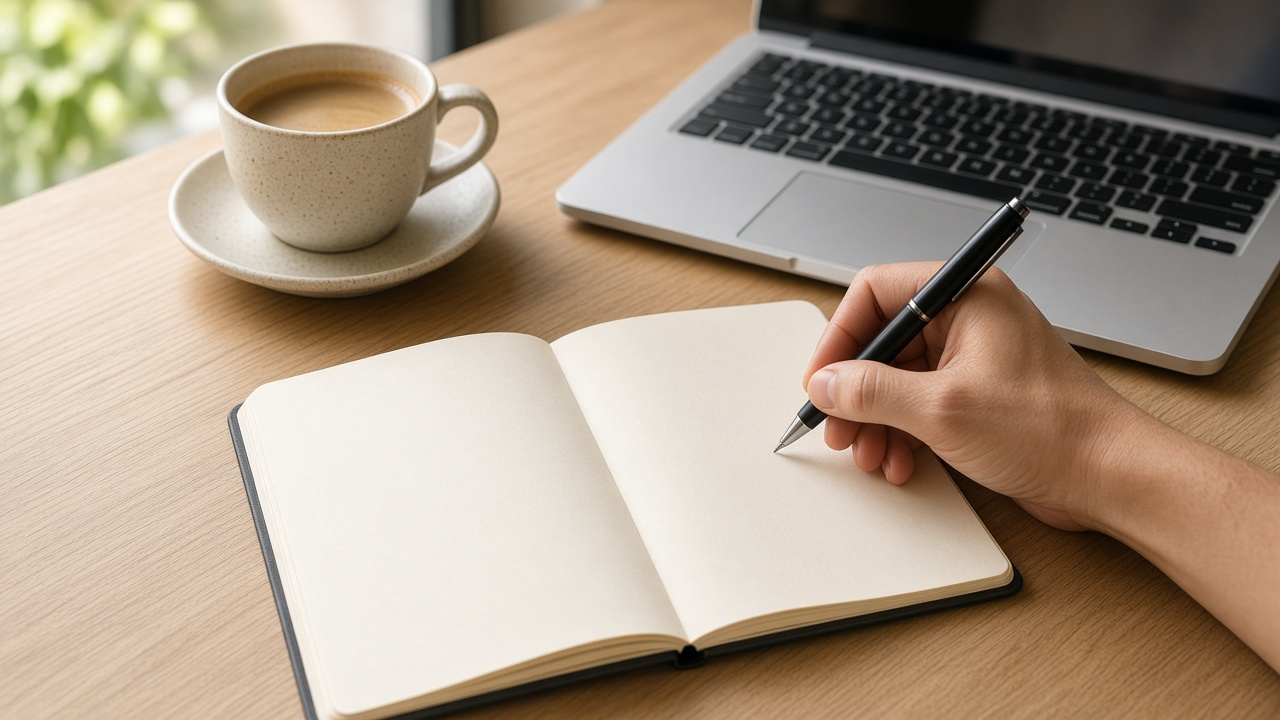 Hand writing in a notebook beside a laptop
