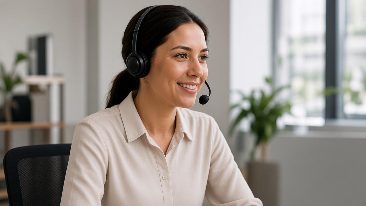 Customer service agent wearing a headset at a bright desk