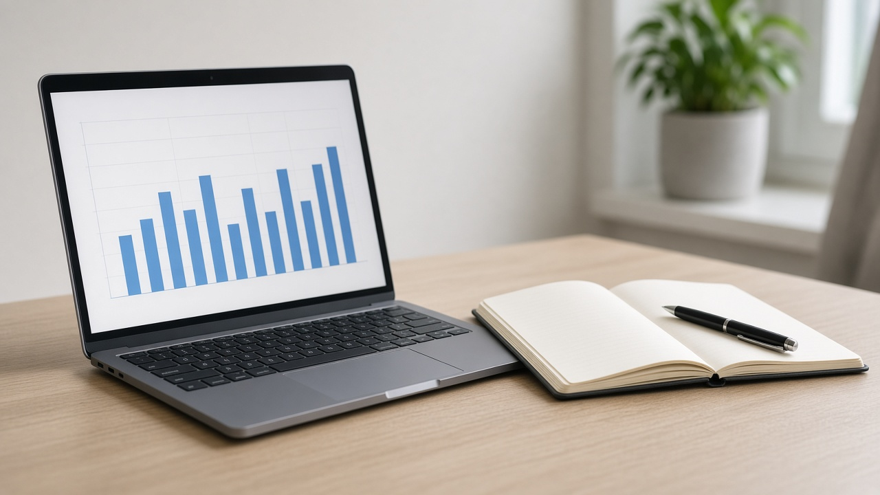 Laptop on a desk showing simple charts