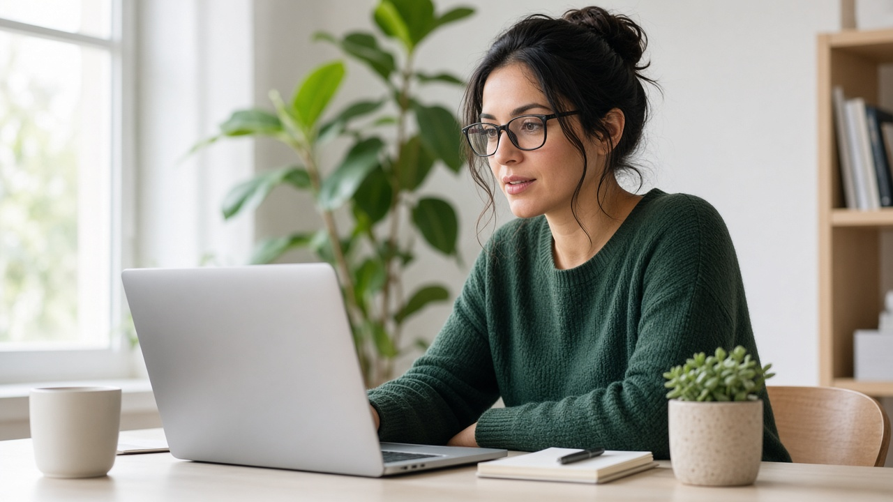 Tutor with glasses working at a laptop during an online lesson