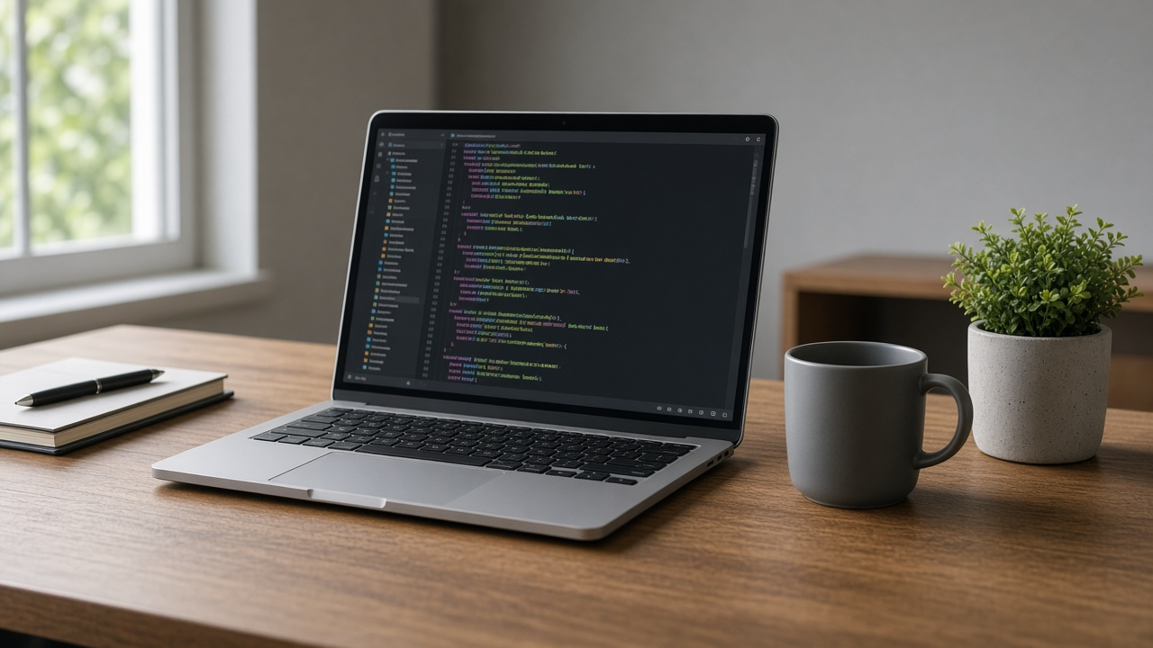 Laptop on a desk showing a dark code editor